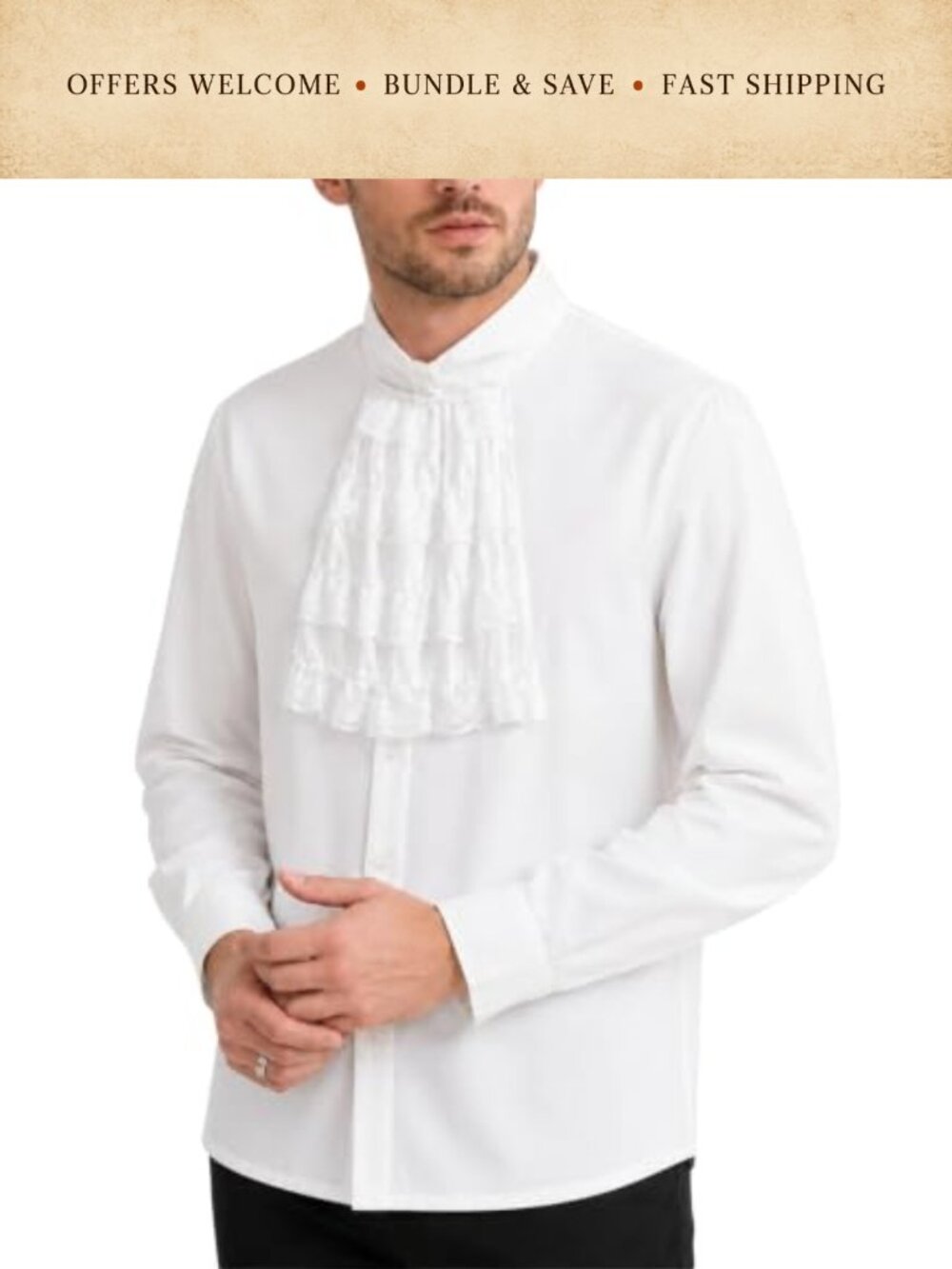 Mens Renaissance Pirate Ruffled Jabot Button Down Shirt Steampunk Costume
